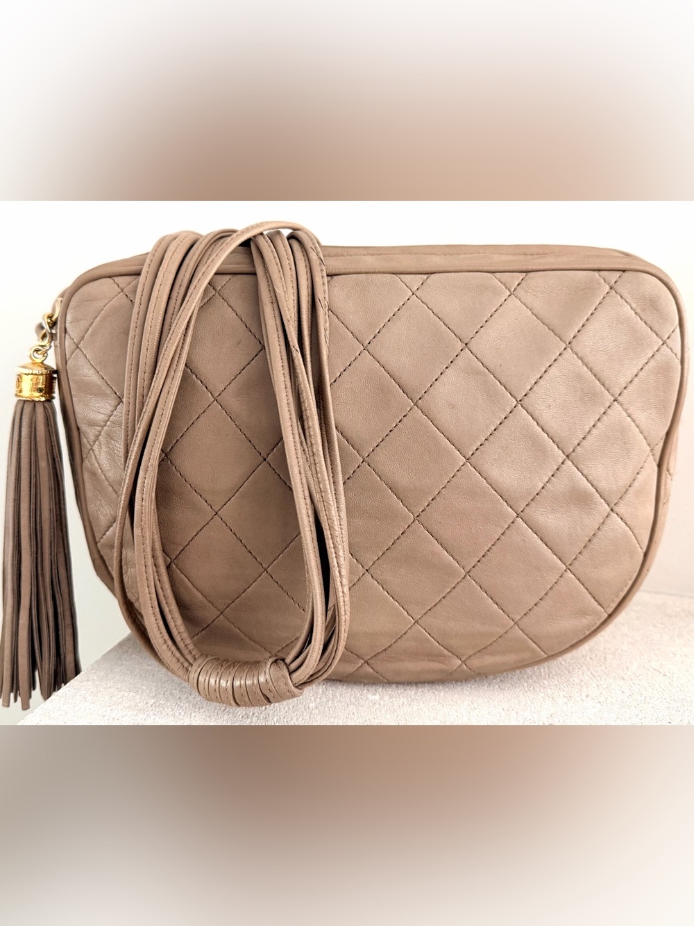 CHANEL Vintage Quilted Lambskin Camera Bag Taupe Tassel COA